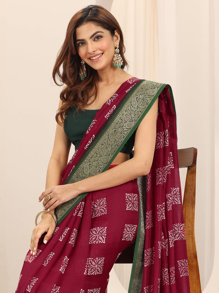 Red Printed Georgette Saree With Unstitched Blouse Piece