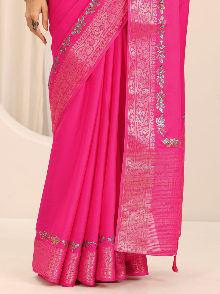 Pink Solid Crepe Saree With Unstitched Blouse Piece