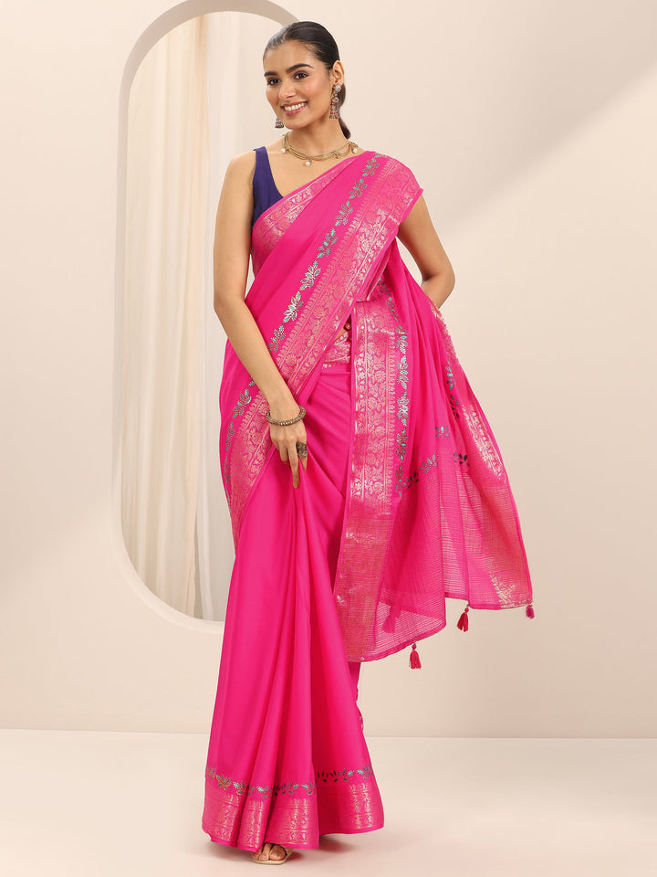 Pink Solid Crepe Saree With Unstitched Blouse Piece