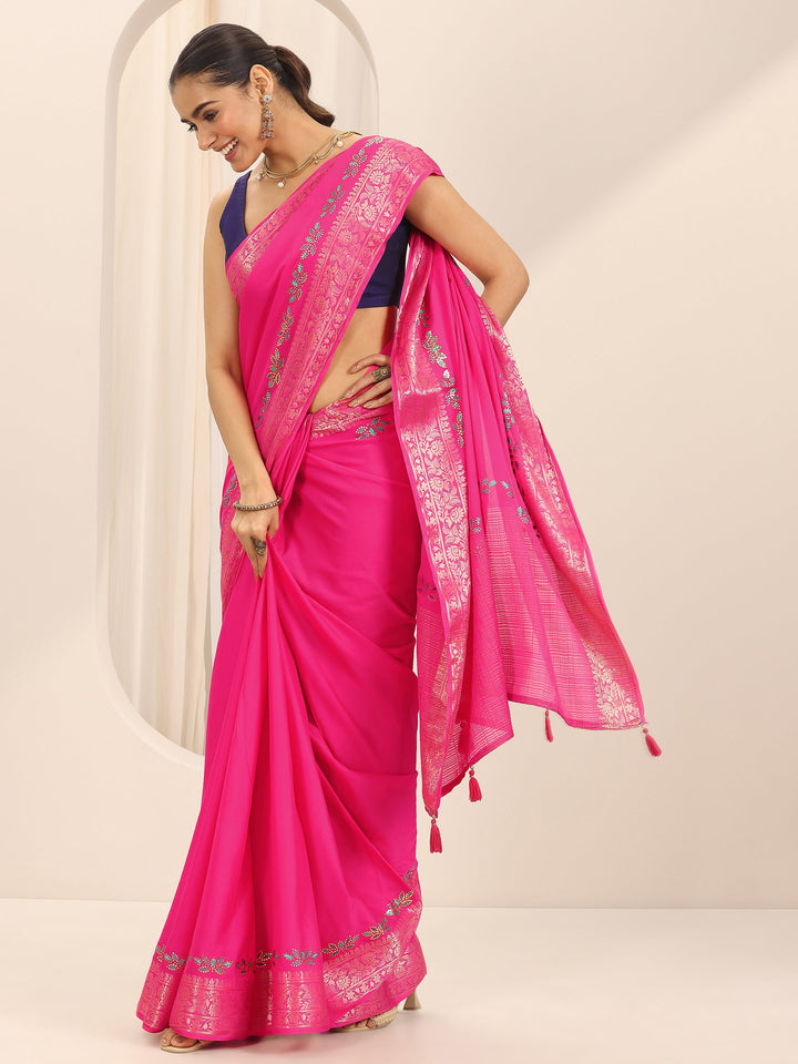 Pink Solid Crepe Saree With Unstitched Blouse Piece