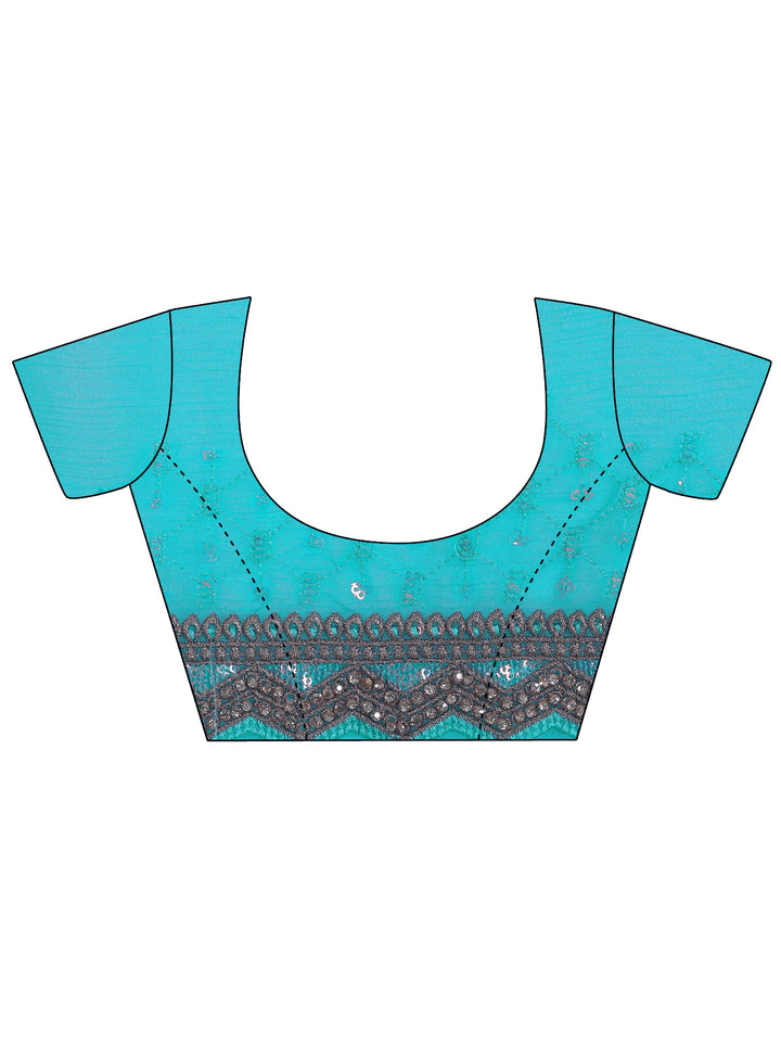 Turquoise blue Printed Silk Chiffon Saree With Unstitched Blouse Piece