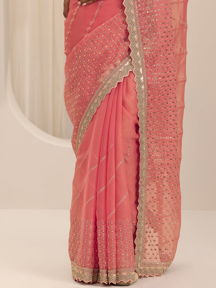 Peach Embroidered Silk Chiffon Saree With Unstitched Blouse Piece