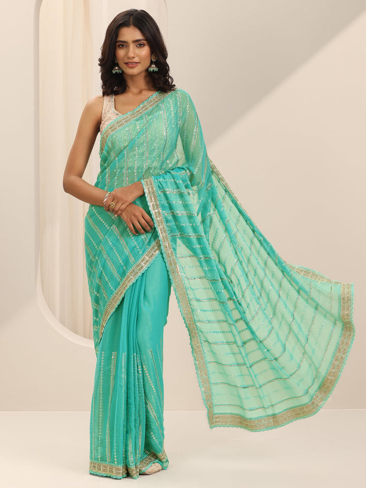 Green Embroidered Silk Chiffon Saree With Unstitched Blouse Piece