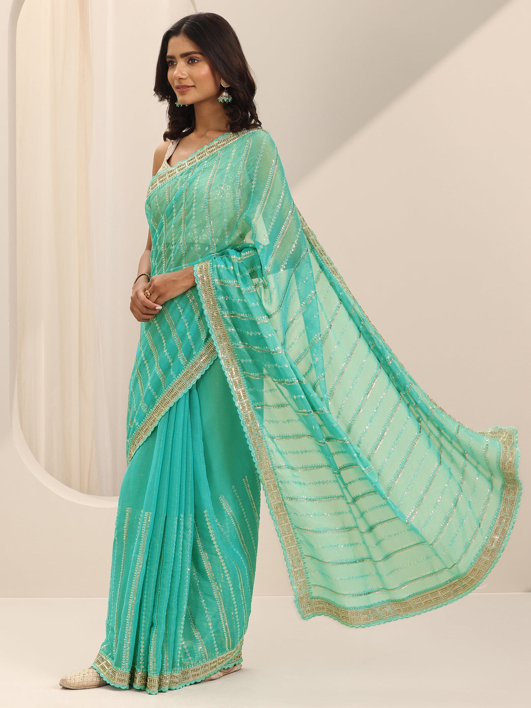 Green Embroidered Silk Chiffon Saree With Unstitched Blouse Piece