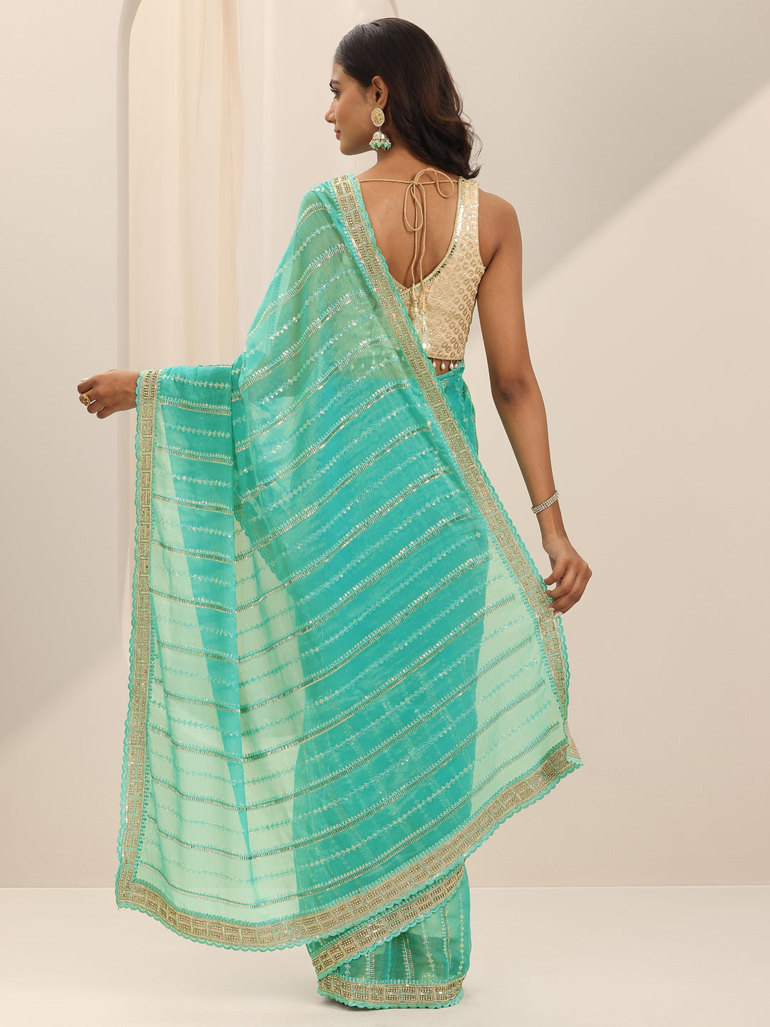 Green Embroidered Silk Chiffon Saree With Unstitched Blouse Piece