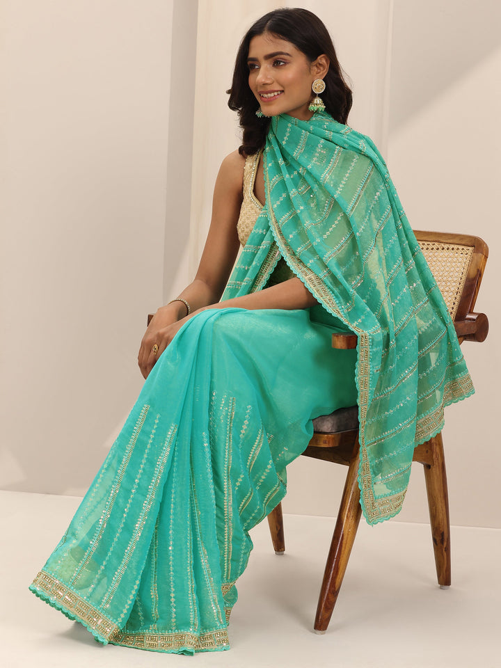 Green Embroidered Silk Chiffon Saree With Unstitched Blouse Piece