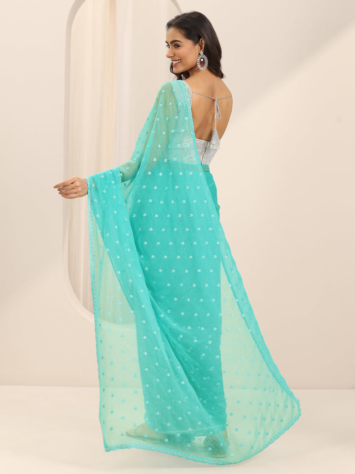 Blue Embroidered Chiffon Saree With Unstitched Blouse Piece