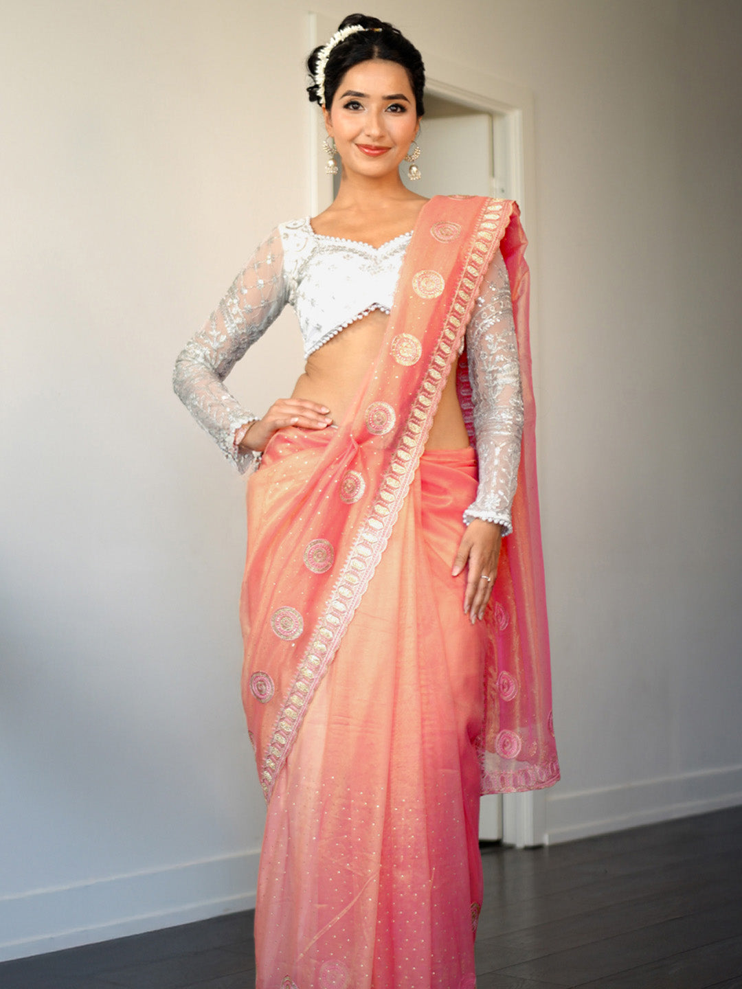 Coral Embroidered Net Silk Saree With Unstitched Blouse Piece