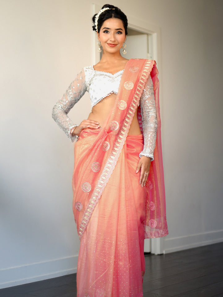 Coral Embroidered Net Silk Saree With Unstitched Blouse Piece