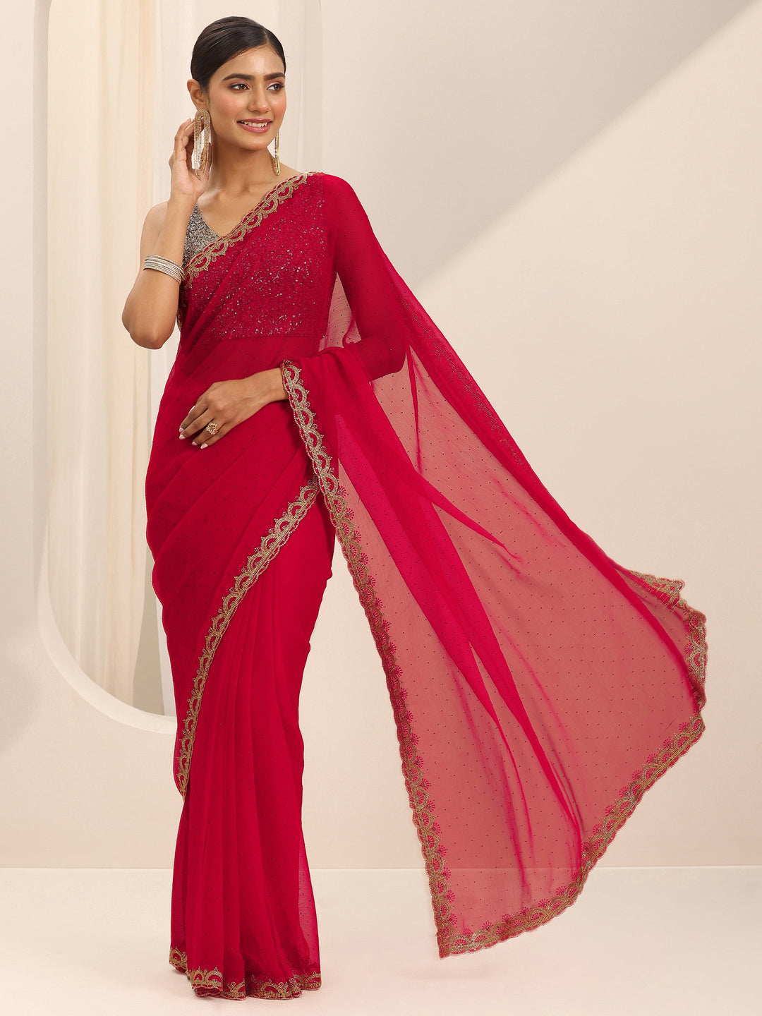 Red Embroidered Chiffon Saree With Unstitched Blouse Piece