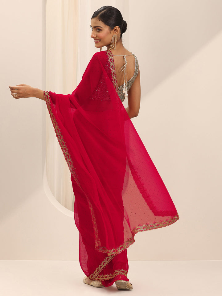 Red Embroidered Chiffon Saree With Unstitched Blouse Piece
