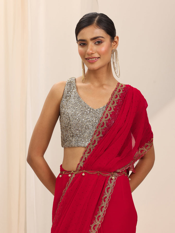 Red Embroidered Chiffon Saree With Unstitched Blouse Piece