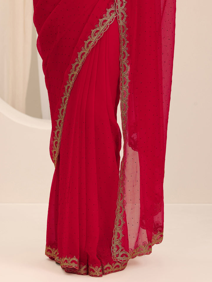 Red Embroidered Chiffon Saree With Unstitched Blouse Piece