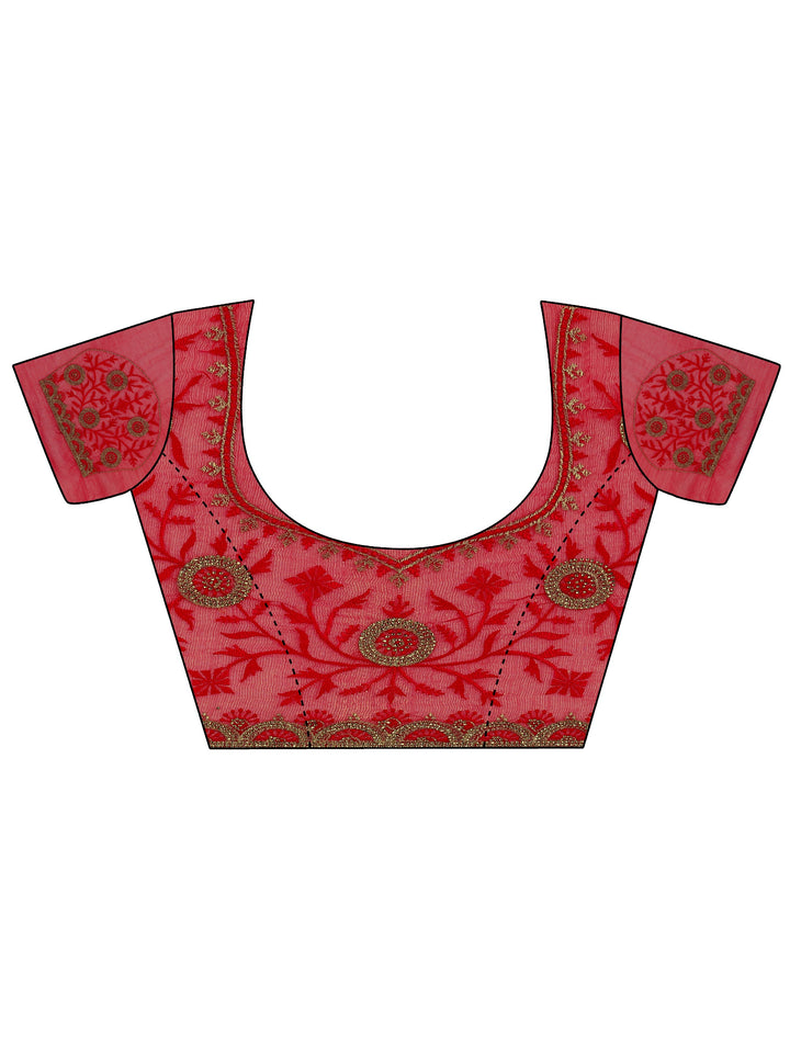 Red Embroidered Chiffon Saree With Unstitched Blouse Piece