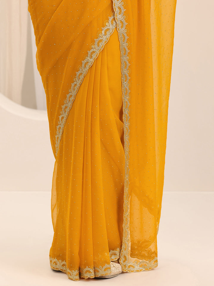 Mustard Embroidered Chiffon Saree With Unstitched Blouse Piece
