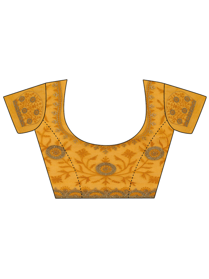 Mustard Embroidered Chiffon Saree With Unstitched Blouse Piece