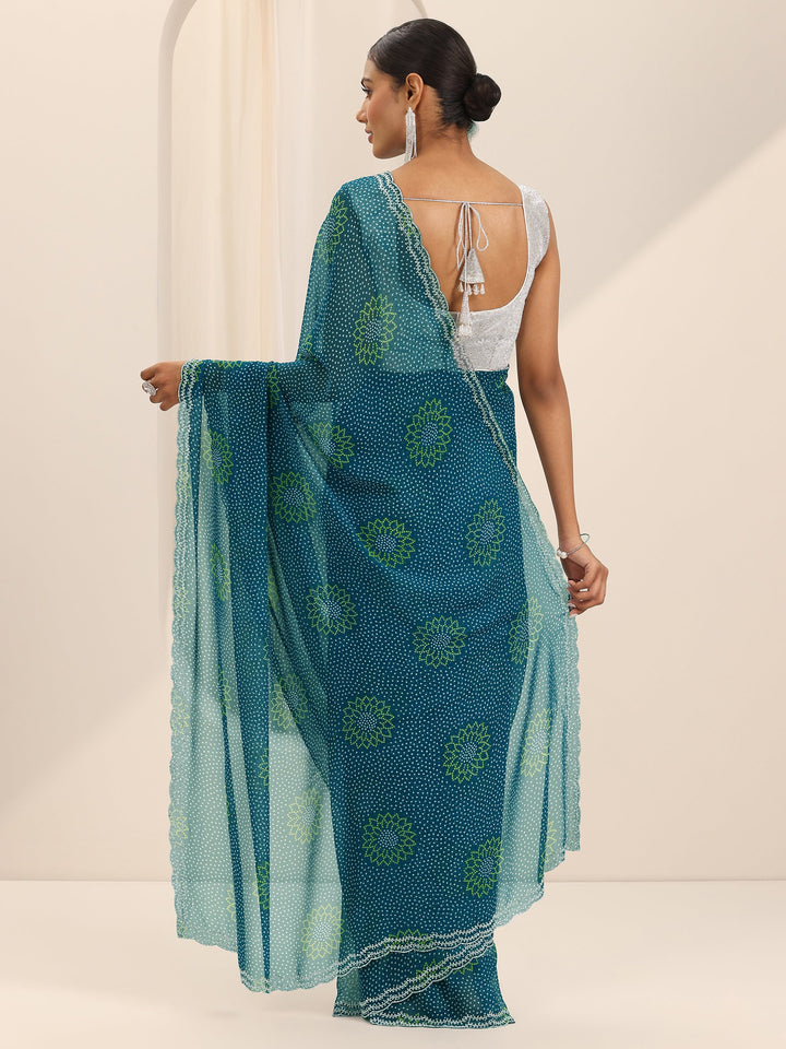 Teal Printed Georgette Saree With Unstitched Blouse Piece