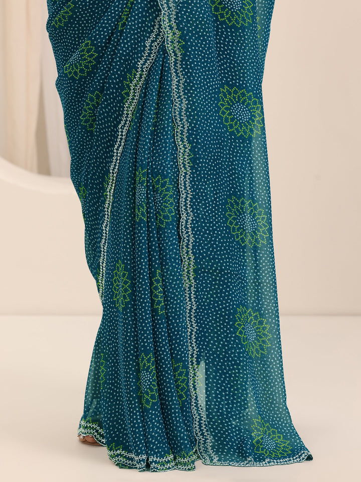 Teal Printed Georgette Saree With Unstitched Blouse Piece