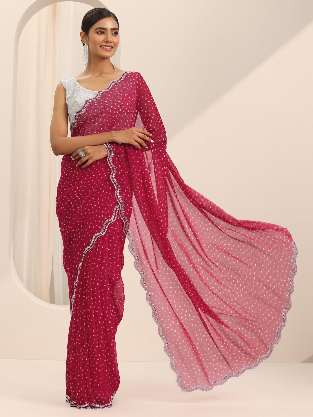 Red Printed Georgette Saree With Unstitched Blouse Piece