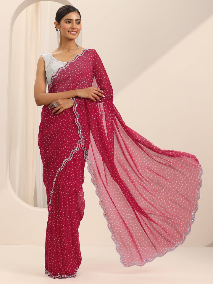 Red Printed Georgette Saree With Unstitched Blouse Piece