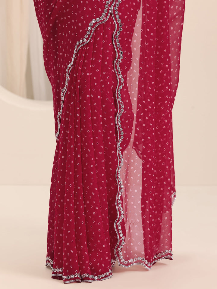Red Printed Georgette Saree With Unstitched Blouse Piece