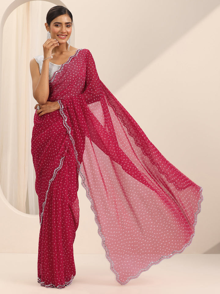 Red Printed Georgette Saree With Unstitched Blouse Piece