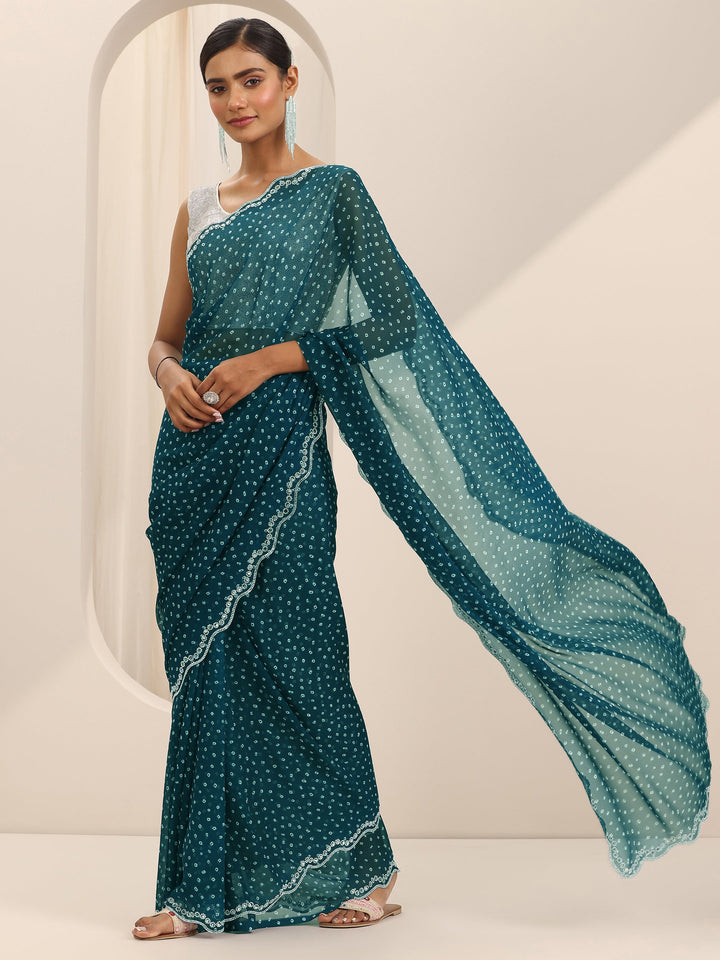 Teal Printed Georgette Saree With Unstitched Blouse Piece