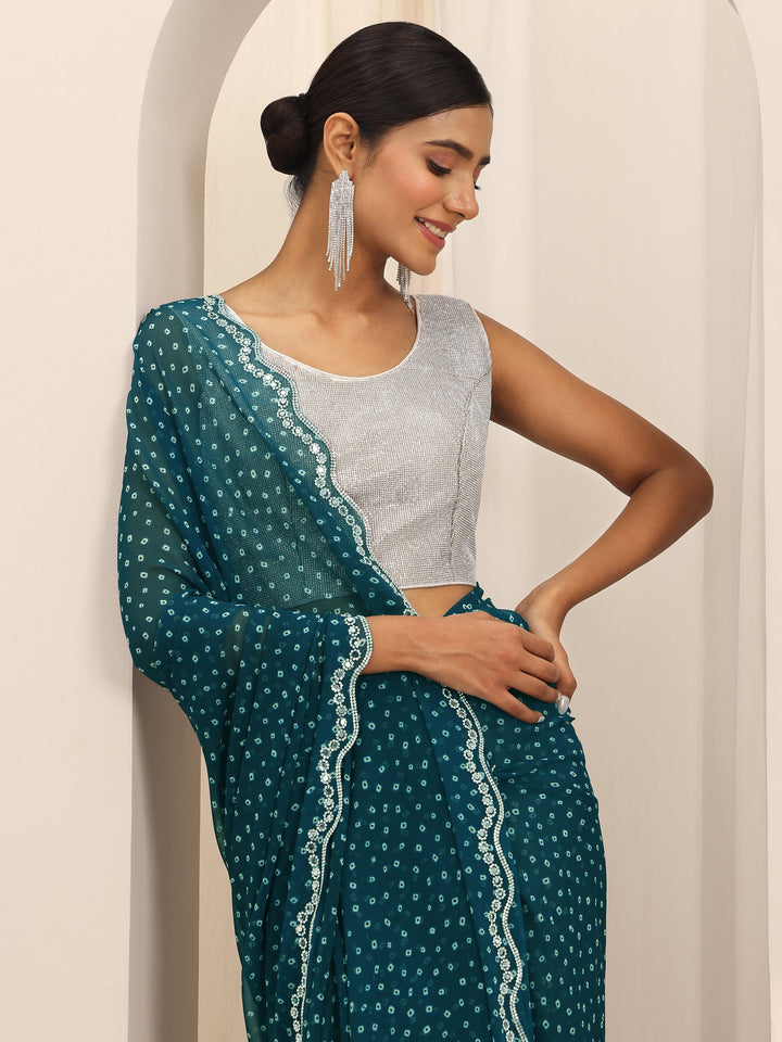 Teal Printed Georgette Saree With Unstitched Blouse Piece