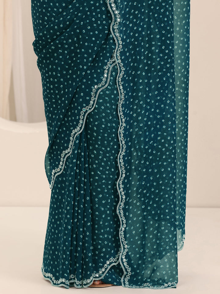 Teal Printed Georgette Saree With Unstitched Blouse Piece