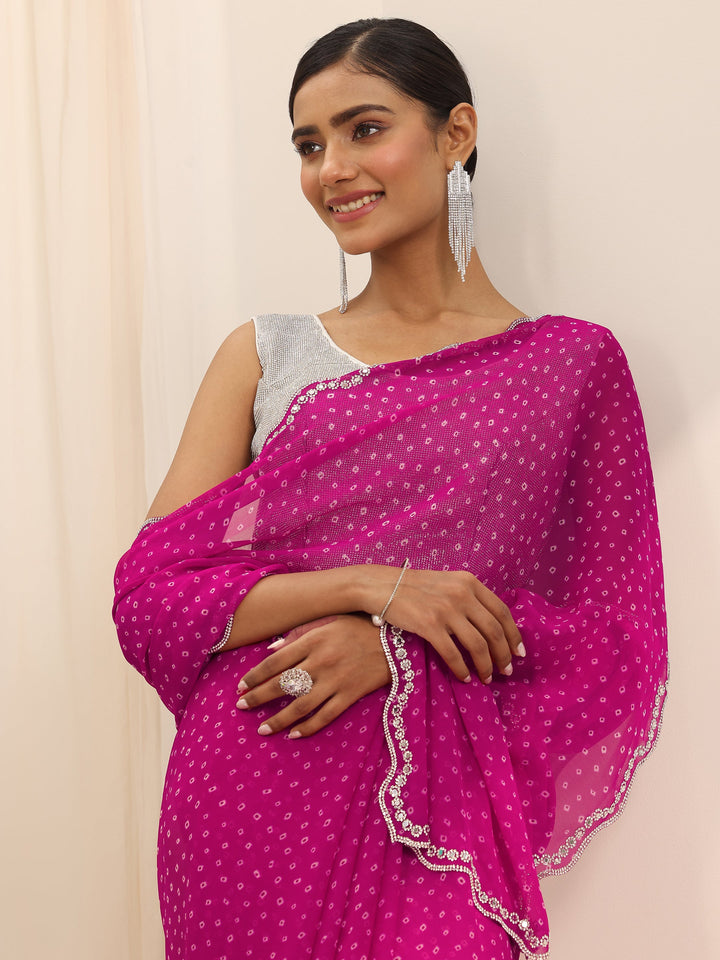 Pink Printed Georgette Saree With Unstitched Blouse Piece