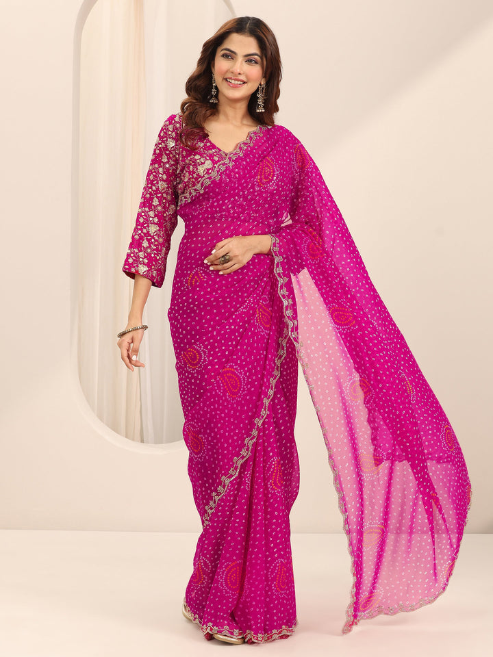 Pink Printed Georgette Saree With Unstitched Blouse Piece