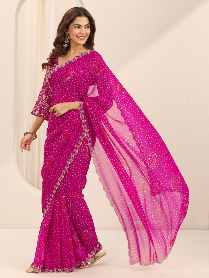 Pink Printed Georgette Saree With Unstitched Blouse Piece