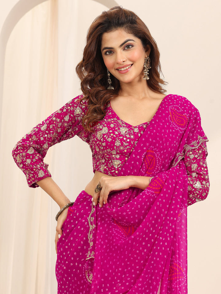 Pink Printed Georgette Saree With Unstitched Blouse Piece