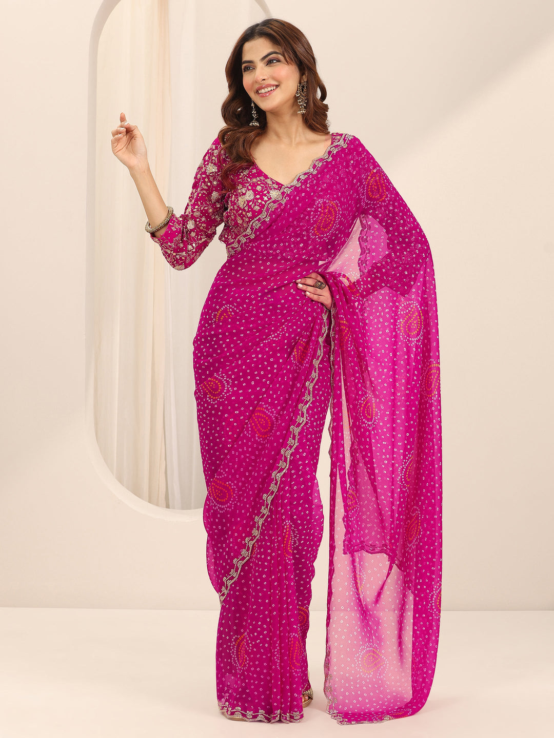 Pink Printed Georgette Saree With Unstitched Blouse Piece