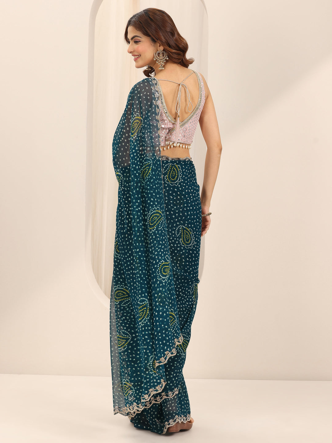 Teal Printed Georgette Saree With Unstitched Blouse Piece