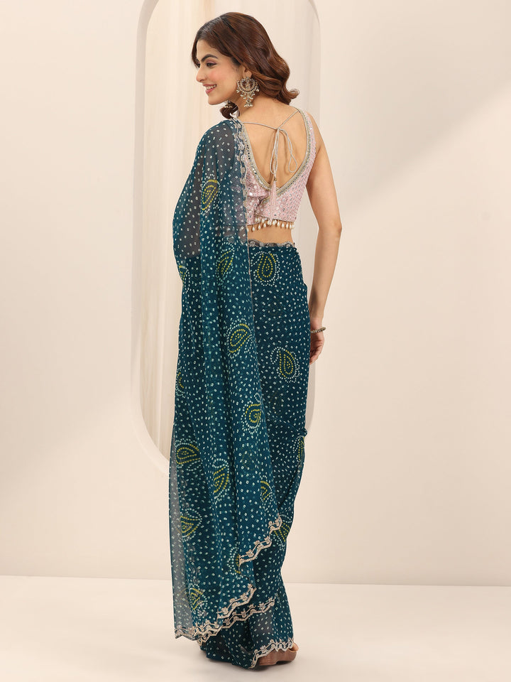 Teal Printed Georgette Saree With Unstitched Blouse Piece