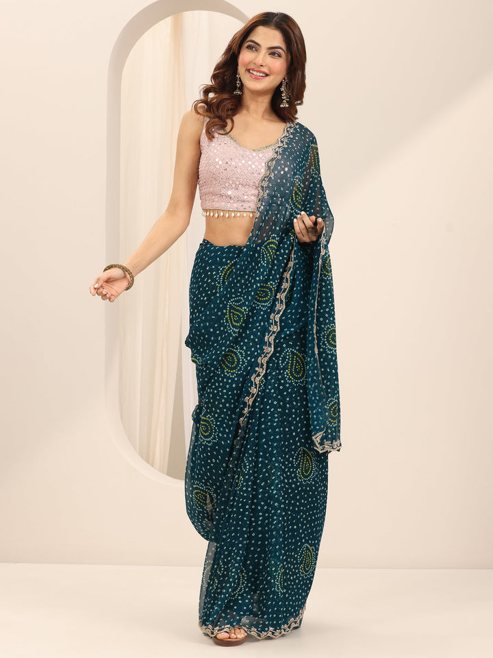 Teal Printed Georgette Saree With Unstitched Blouse Piece
