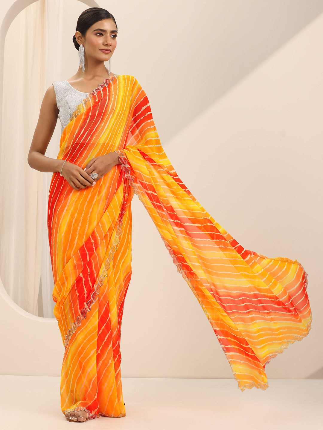 Mustard Printed Georgette Saree With Unstitched Blouse Piece