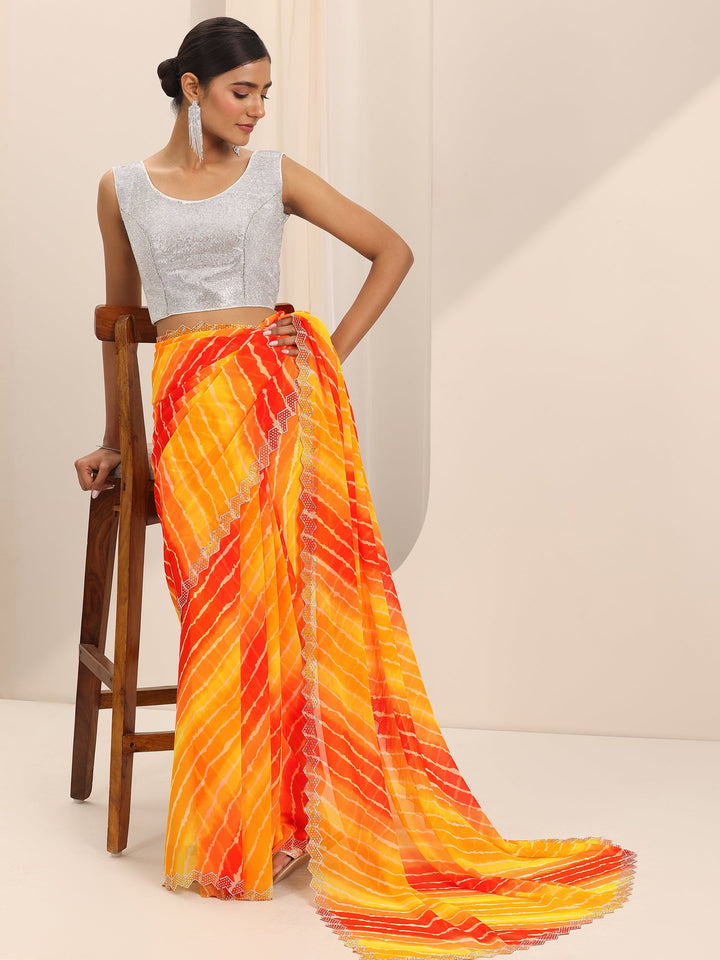 Mustard Printed Georgette Saree With Unstitched Blouse Piece