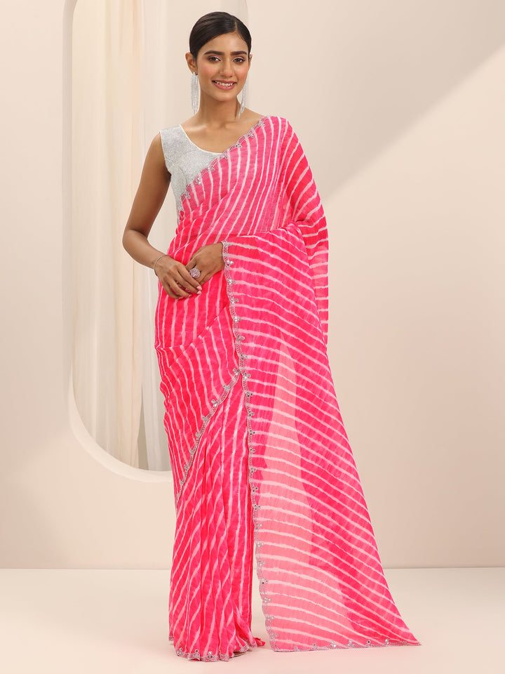 Pink Printed Georgette Saree With Unstitched Blouse Piece