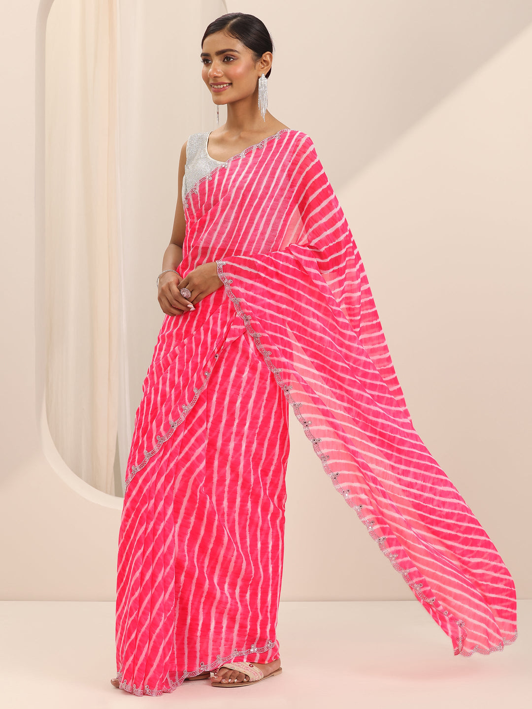 Pink Printed Georgette Saree With Unstitched Blouse Piece