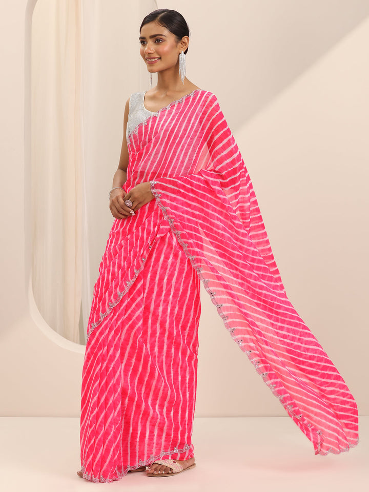 Pink Printed Georgette Saree With Unstitched Blouse Piece