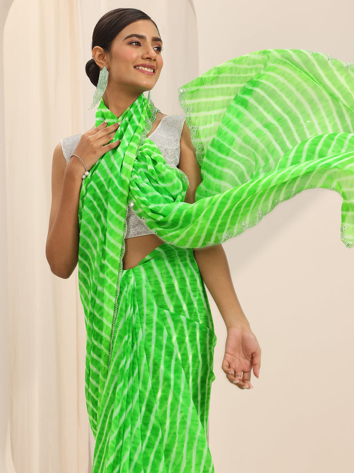 Green Printed Georgette Saree With Unstitched Blouse Piece