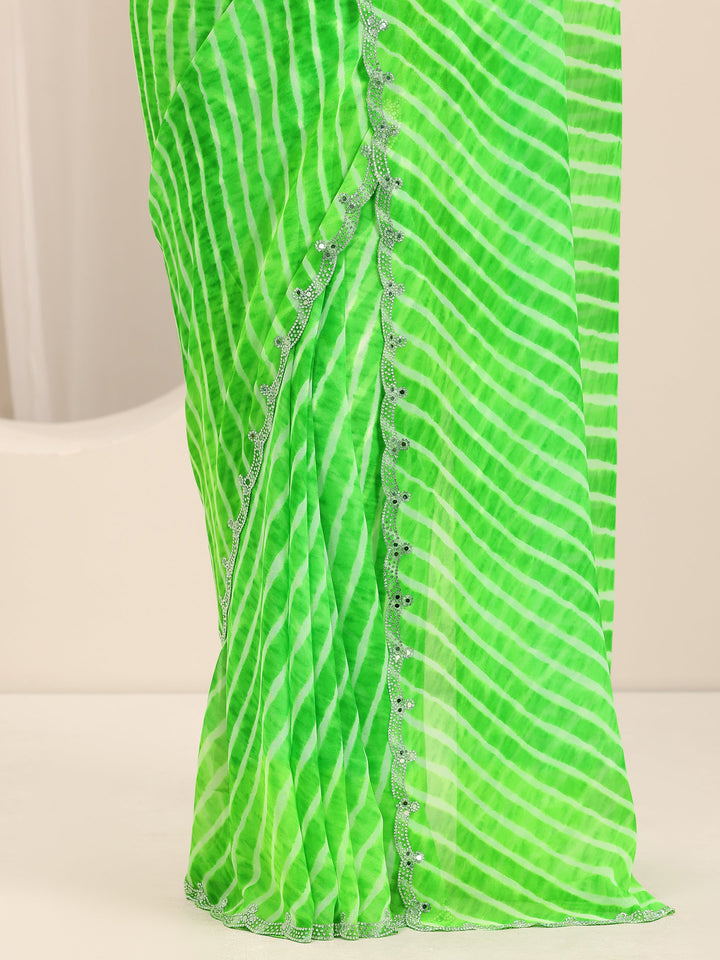 Green Printed Georgette Saree With Unstitched Blouse Piece