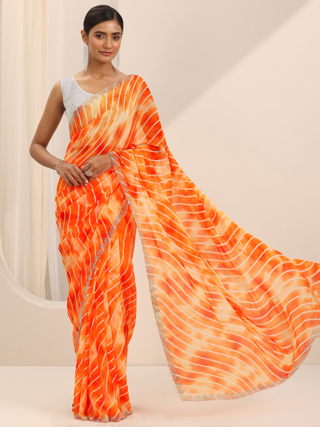 Orange Leheriya Printed Georgette Saree With Unstitched Blouse Piece