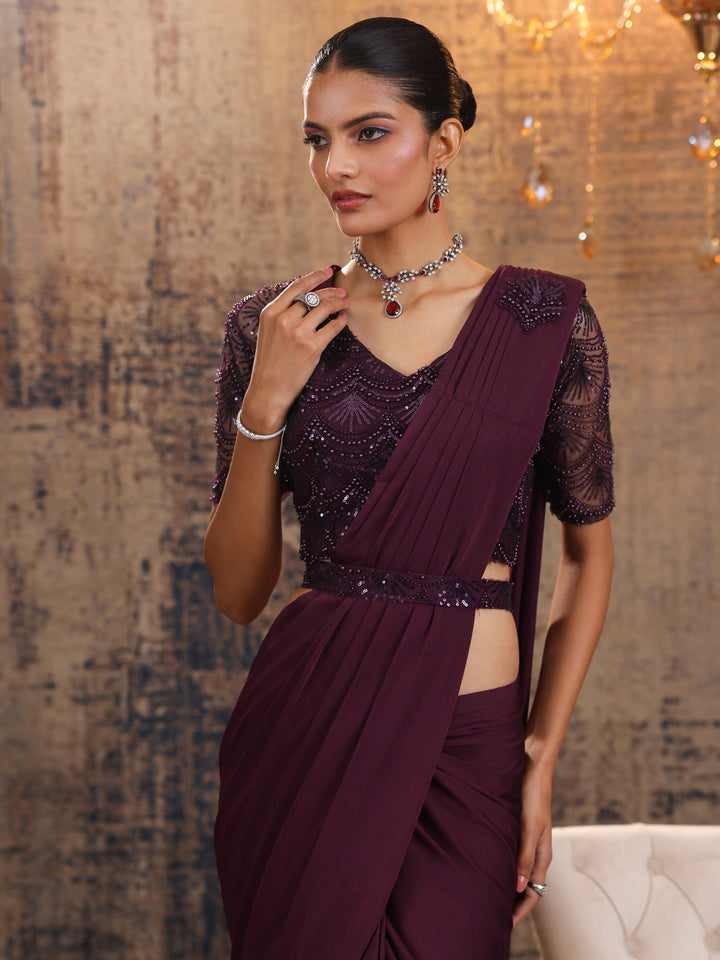 Libas Art Burgundy Solid Nylon Ready to Wear Saree