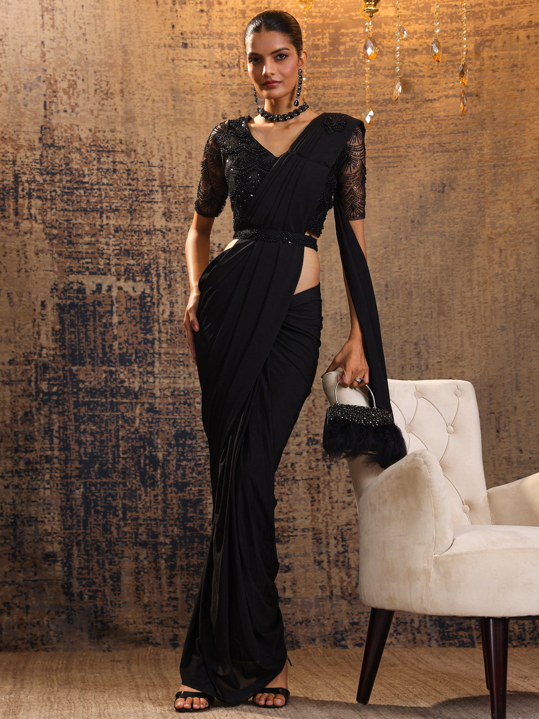 Libas Art Black Solid Nylon With Ready to Wear Saree