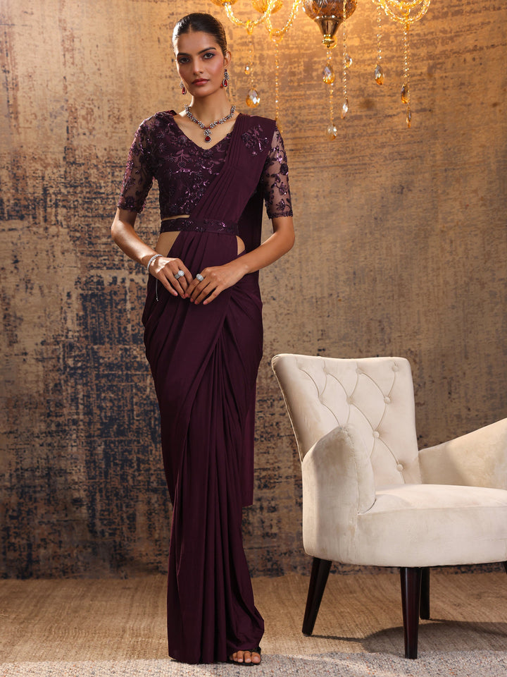 Libas Art Burgundy Embellished Nylon Ready to Wear Saree