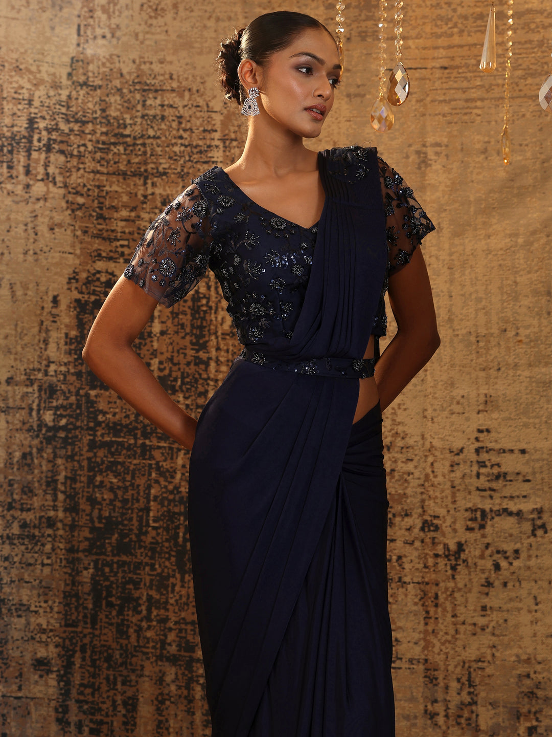 Navy Blue Embellished Nylon Ready to Wear Saree