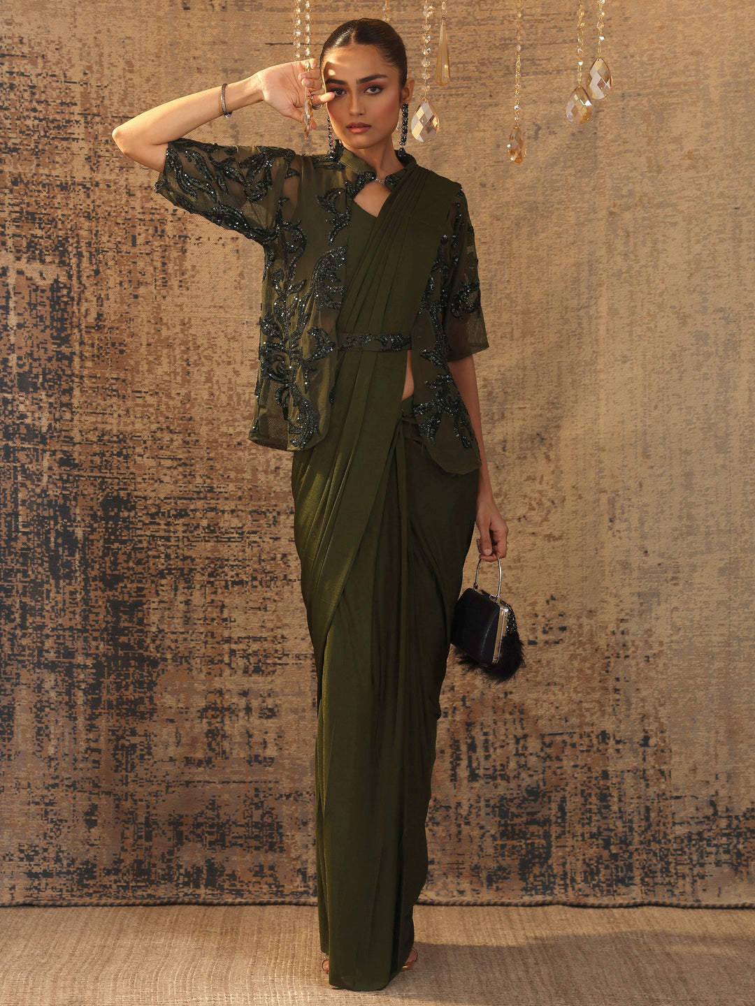 Libas Art Olive Solid Nylon Ready to Wear Saree